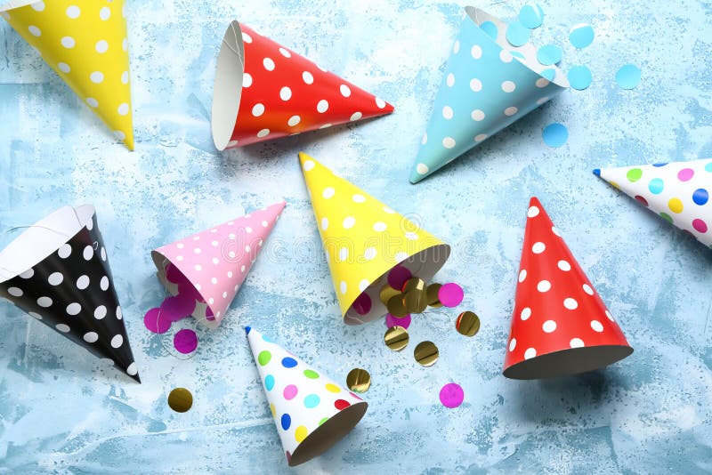 Birthday party caps on color background royalty free stock photo Birthday party caps on color background royalty free stock photo