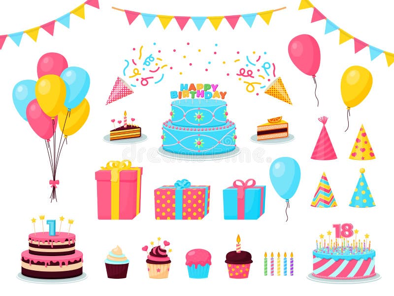 Birthday Party Cartoon Decorations. Child Partying, Cute Celebration Elements Stock Vector - Illustration of isolated, balloon: 215846183 Birthday Party Cartoon Decorations. Child Partying, Cute Celebration Elements Stock Vector - Illustration of isolated, balloon: 215846183