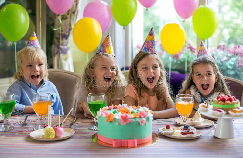 Birthday party. Children at a birthday party at home stock image Birthday party. Children at a birthday party at home stock image