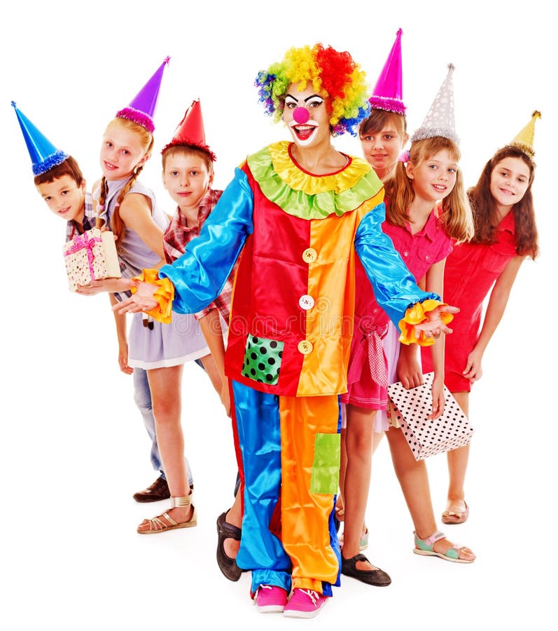 Birthday party group of teen with clown. Birthday party group of teen people with clown. Isolated stock photography Birthday party group of teen with clown. Birthday party group of teen people with clown. Isolated stock photography