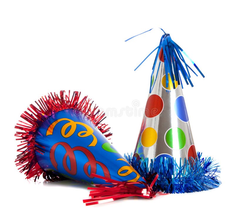 Birthday party hats. Group of colorful birthday party hats on white background with copy space royalty free stock photos Birthday party hats. Group of colorful birthday party hats on white background with copy space royalty free stock photos