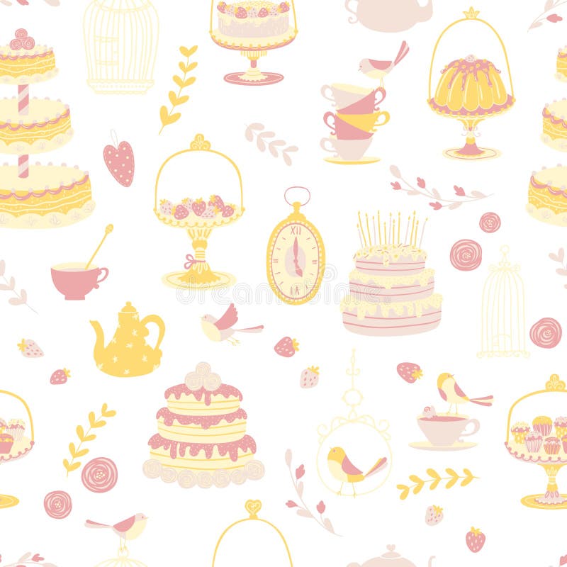 Birthday party kids. Afternoon Tea seamless pattern. Different cakes and gifts. Vector illustration in simple cartoon hand-drawn royalty free illustration Birthday party kids. Afternoon Tea seamless pattern. Different cakes and gifts. Vector illustration in simple cartoon hand-drawn royalty free illustration