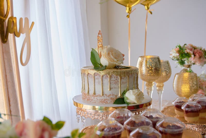 Birthday Party Table Decorated with Cake and Sweets Stock Image Image