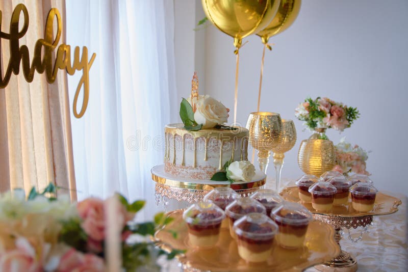 Birthday Party Table Decorated with Cake and Sweets Stock Image Image