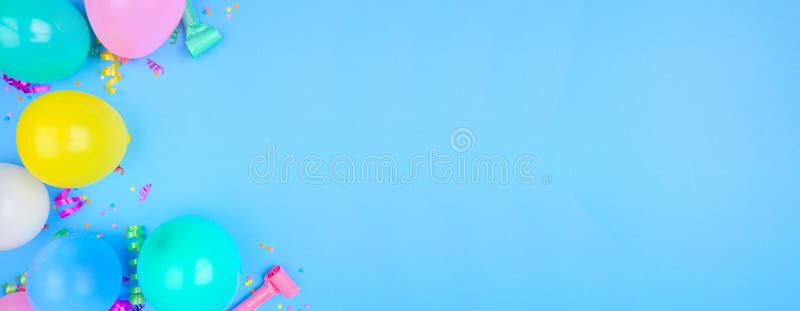 Birthday Party Banner with Corner Border on a Blue Background with  Balloons, Streamers and Confetti Stock Photo - Image of background,  confetti: 194228696