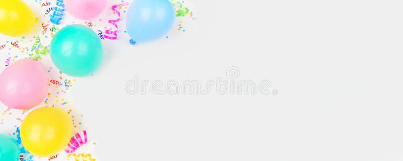 Birthday Party Banner with Corner Border on a White Background with  Balloons, Confetti and Streamers Stock Photo - Image of balloon, flat:  194229806