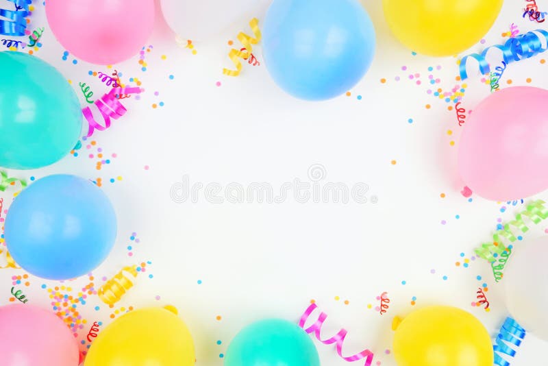 Birthday Party Frame on a White Background View with Balloons, Confetti and  Streamers Stock Image - Image of decor, anniversary: 194229701