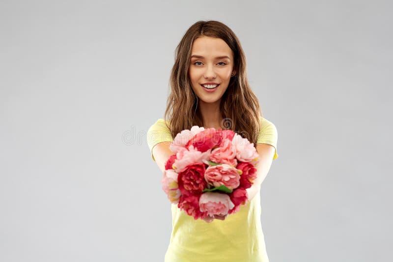 American teen girl with bouquet