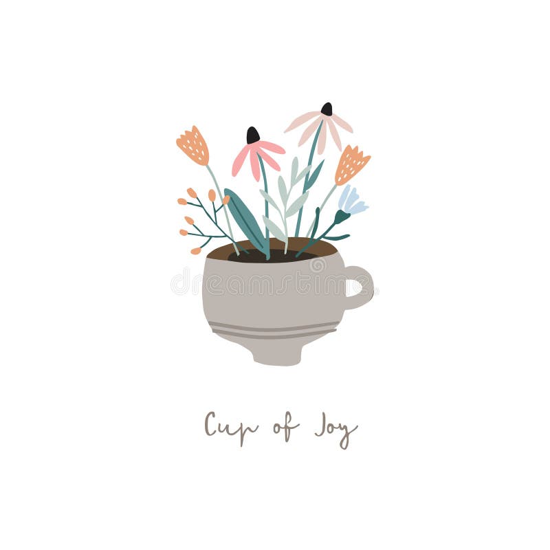 Birthday, spring greeting card, invitation. Handwritten Cup of joy. text. Hand drawn mug, vase decorated by leaves and