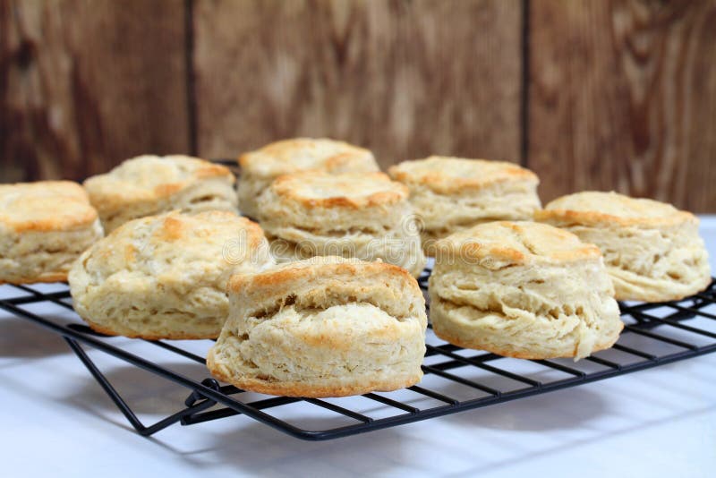 Fresh baked homemade buttermilk biscuits on a cooking rack. Close up, with selective focus on front biscuit. Copy space. Fresh baked homemade buttermilk biscuits on a cooking rack. Close up, with selective focus on front biscuit. Copy space.