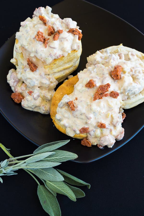 Biscuits and gravy made with sage sausage and Portuguese sausage. Biscuits and gravy made with sage sausage and Portuguese sausage