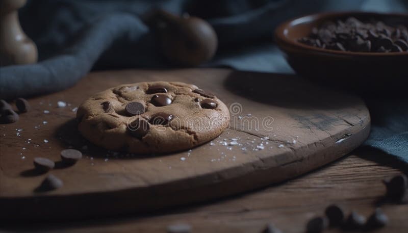 Biscotti al cioccolato appena cotti su tavoletta rustica generati dall'ai illustrazione vettoriale