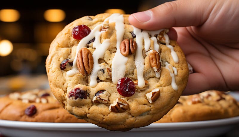 Biscotti al cioccolato fatti in casa appena cotti su un piatto festoso generato dall'ai illustrazione di stock