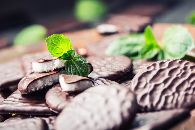 Biscotti della menta piperita del cioccolato Menta peppermint mentolo Cioccolato nero con la crema della menta piperita Cioccolat fotografie stock libere da diritti Biscotti della menta piperita del cioccolato Menta peppermint mentolo Cioccolato nero con la crema della menta piperita Cioccolat fotografie stock libere da diritti