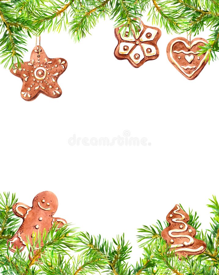 Biscotti di Natale, uomo del pane dello zenzero, struttura dei rami di albero della conifera Cartolina di Natale, spazio in bianc