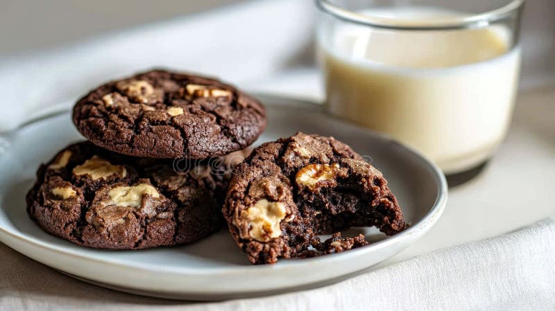 Biscotti di noci di cioccolato deliziosi su un piatto con un bicchiere di latte royalty illustrazione gratis