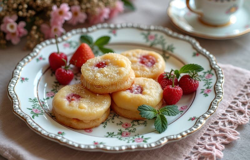 Biscotti di pane di conifere deliziosi con fragole e lamponi su piastra di fioritura fotografia stock