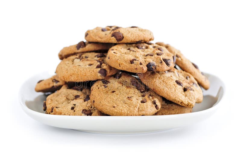 Plate of chocolate chip cookies isolated on white background. Plate of chocolate chip cookies isolated on white background