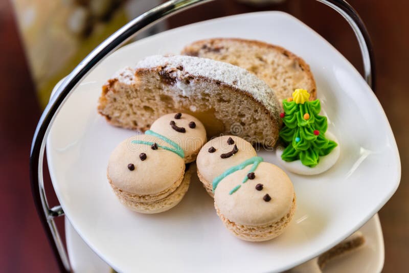 Afternoon tea snack,Snowman biscuits and bread. Afternoon tea snack,Snowman biscuits and bread