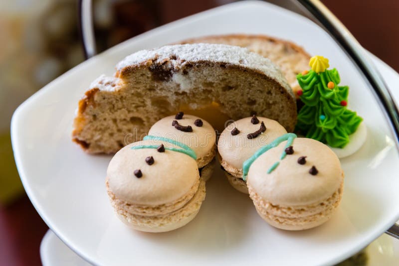 Afternoon tea snack,Snowman biscuits and bread. Afternoon tea snack,Snowman biscuits and bread