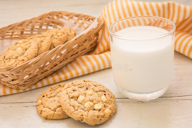 White chocolate chip cookie and a milk glass, Filtered image. White chocolate chip cookie and a milk glass, Filtered image