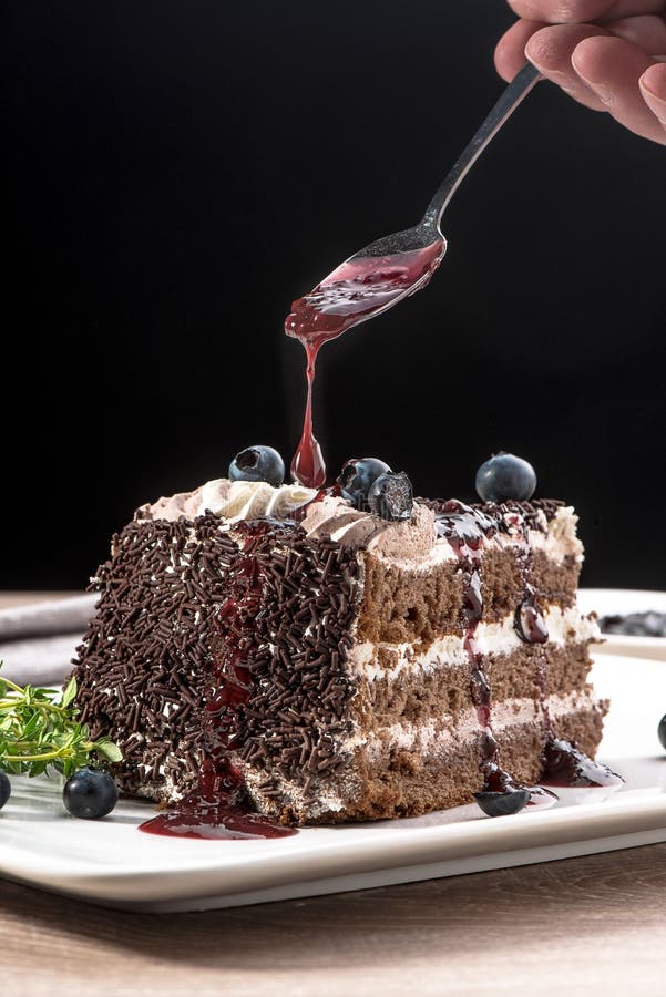 Biscuit Chocolate Cake with Blueberries and Blueberry Jam on a Plate