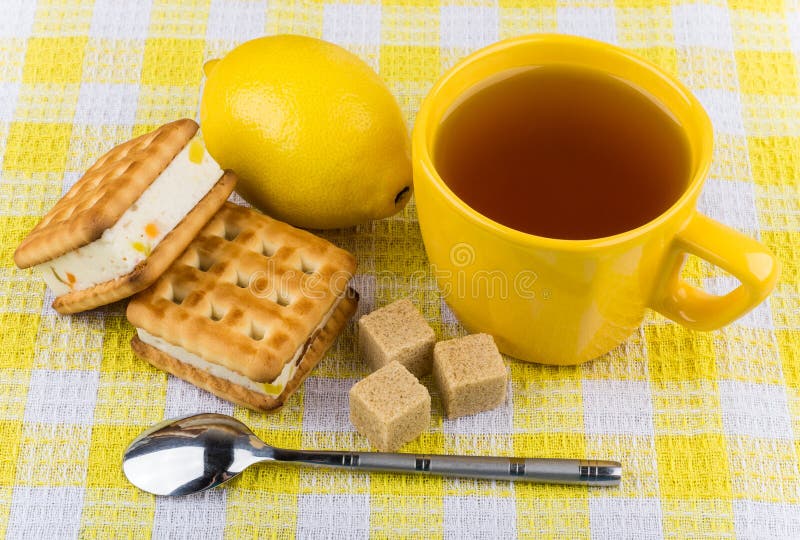 Biscuits Sandwiches, Cup of Tea, Lemon and Sugar Stock Image Image of