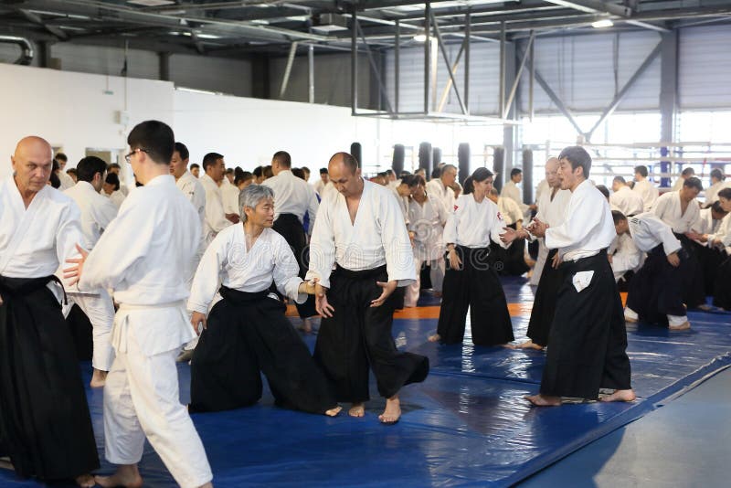 Bishkek, Kyrgyzstan 5 mei, 2018 Seminarie over Aikido onder de begeleiding van Japans hoofdtomohiro mori royalty-vrije stock afbeeldingen Bishkek, Kyrgyzstan 5 mei, 2018 Seminarie over Aikido onder de begeleiding van Japans hoofdtomohiro mori royalty-vrije stock afbeeldingen