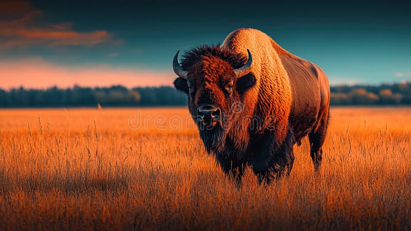 Bisonte Majestic nel prato del tramonto illustrazione vettoriale
