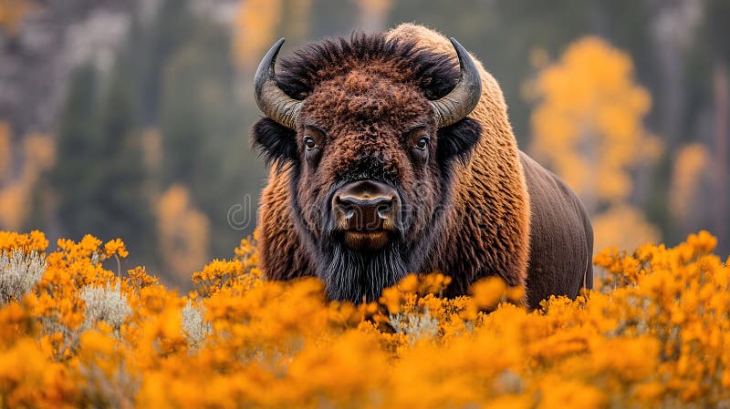 Bisonte Majestic tra fiori selvatici di autunno. Bison Majestic tra fiori selvatici autunnali alta risoluzione background Generative AI