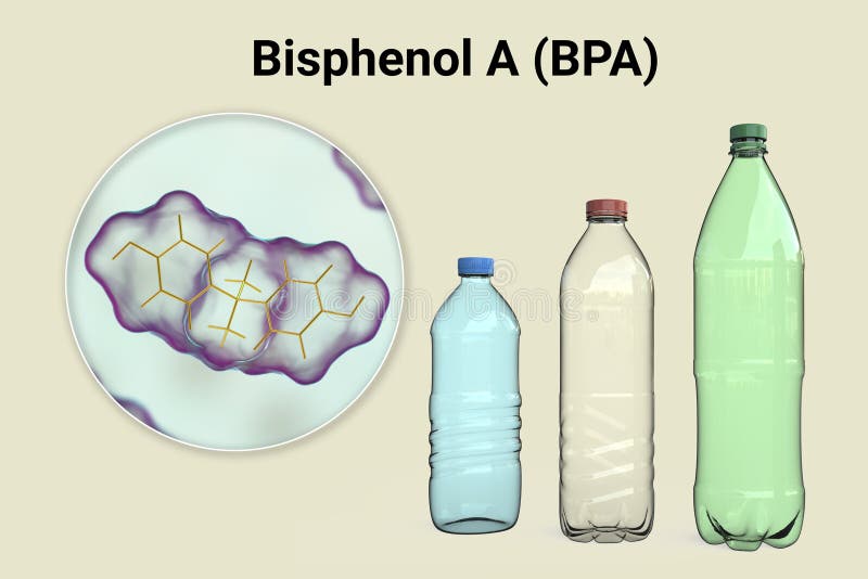 Bisphenol a Molecule and Plastic Bottles, 3D Illustration. Organic Compound Used in