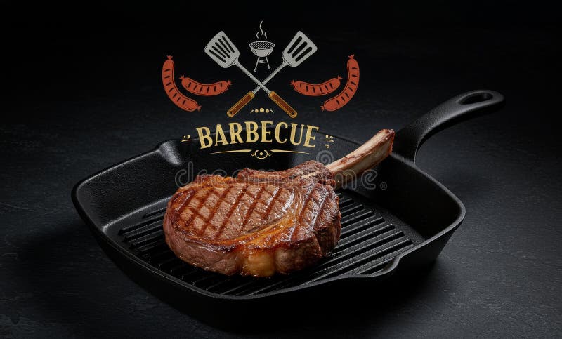 Bistecca grigliata alla perfezione su una piastra di ghisa con fascino rustico illustrazione vettoriale