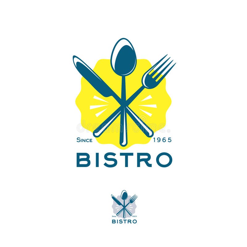 Bistro restauraci logo Przekąska emblemat Rozwidlenie, łyżka i nóż w żółtej odznace