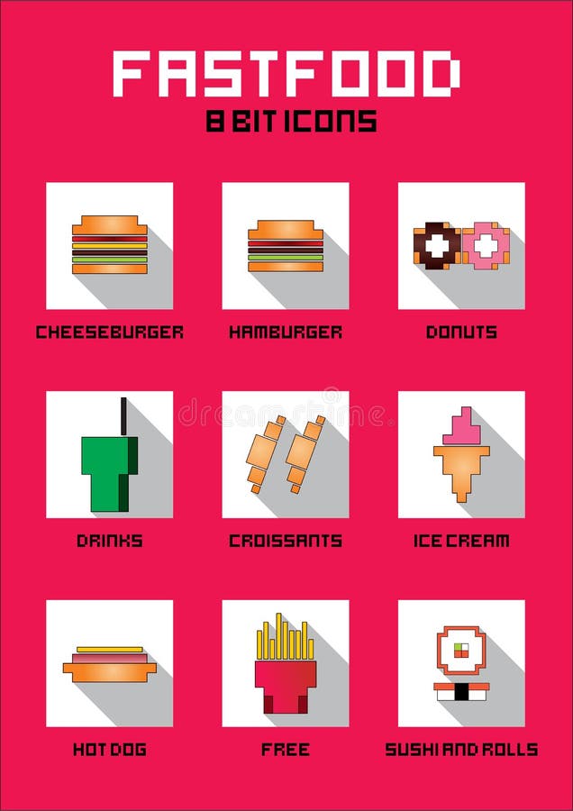 8 Bit Fast Food Setpixel Art Vector Stock Illustration
