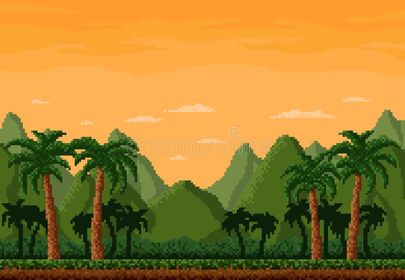 8bit pixel jungle landscape, game level background vector illustration