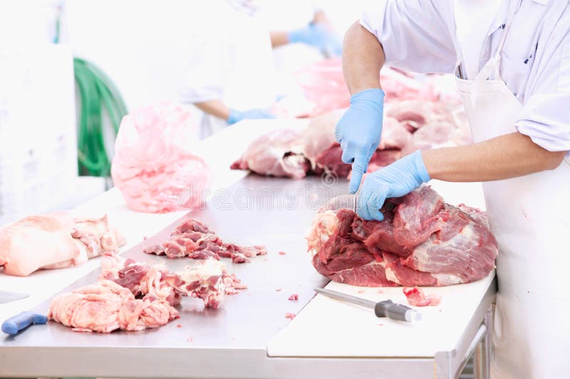Bitande kött för slaktare på tabellen royaltyfri bild Bitande kött för slaktare på tabellen royaltyfri bild