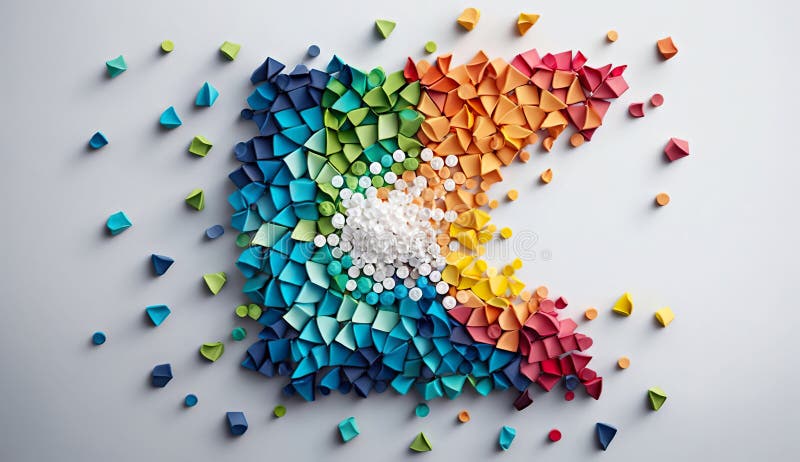 Bitar av färgad plast som är vackert placerade i regnbågsmönstret ai generativ illustration stock illustrationer