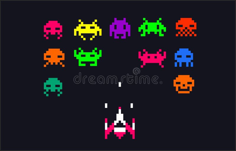 Bitaußerirdische- u. -raumschiffpixelkunst des Videospiels 8 mit Stickerei blüht Elemente Retro- Design oder textil p der kühlen