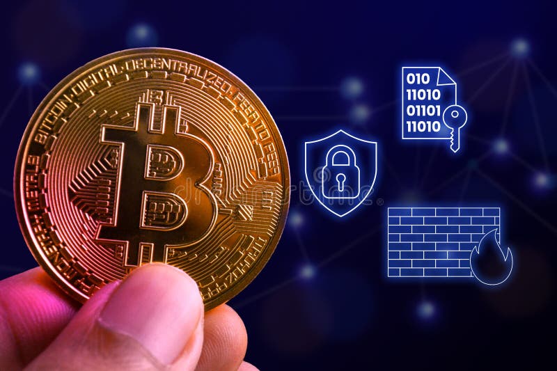 Κρυπτονόμισμα Bitcoin με φωτεινές εικόνες κυβερνοασφάλειας και τείχους προστασίας στοκ εικόνες