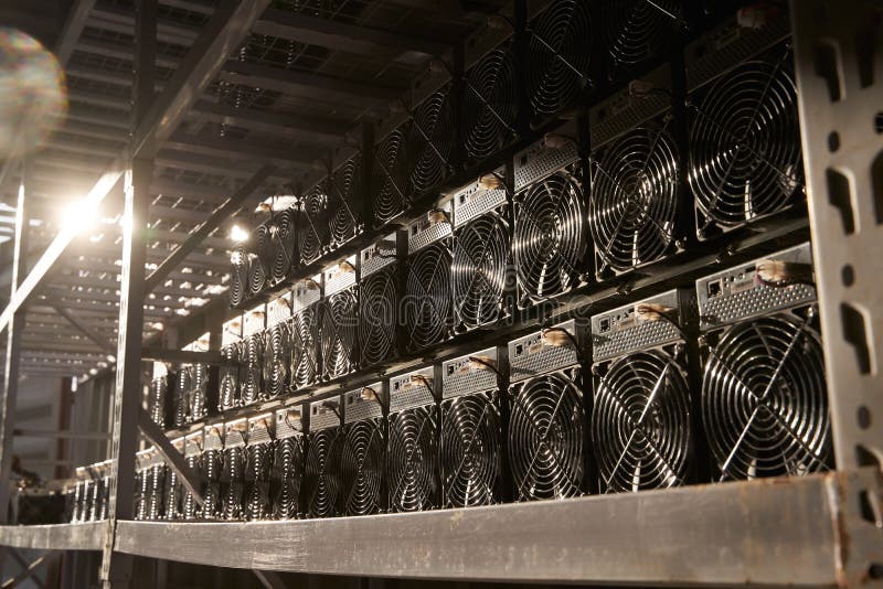 Bitcoin ASIC Miners in Warehouse. ASIC Mining Equipment on Stand