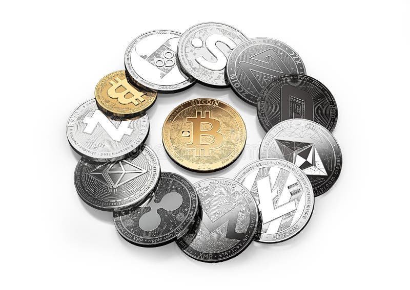 Bitcoin auriu și diferite criptografice izolate pe alb vector illustration