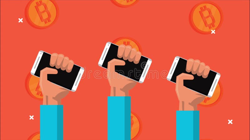 Bitcoin blockchain Animation mit den Händen, Smartphones erhöhen stock abbildung