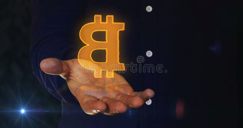 Bitcoin-Blockchain-Kryptozeichen über Hand lizenzfreie abbildung