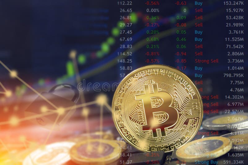 Bitcoin blockchain security concept with internet cloud computing and coins on laptop with graph and lock stock photos
