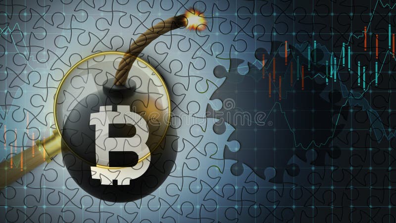 Bitcoin-Bombenpuzzle und Lupe stock abbildung