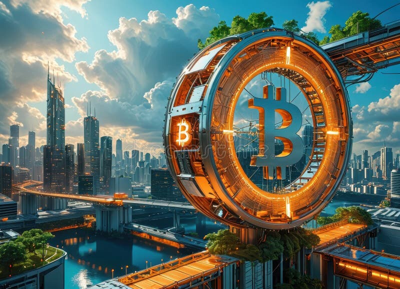 Podul Bitcoin care vizează finanțarea tradițională și moneda digitală vector illustration