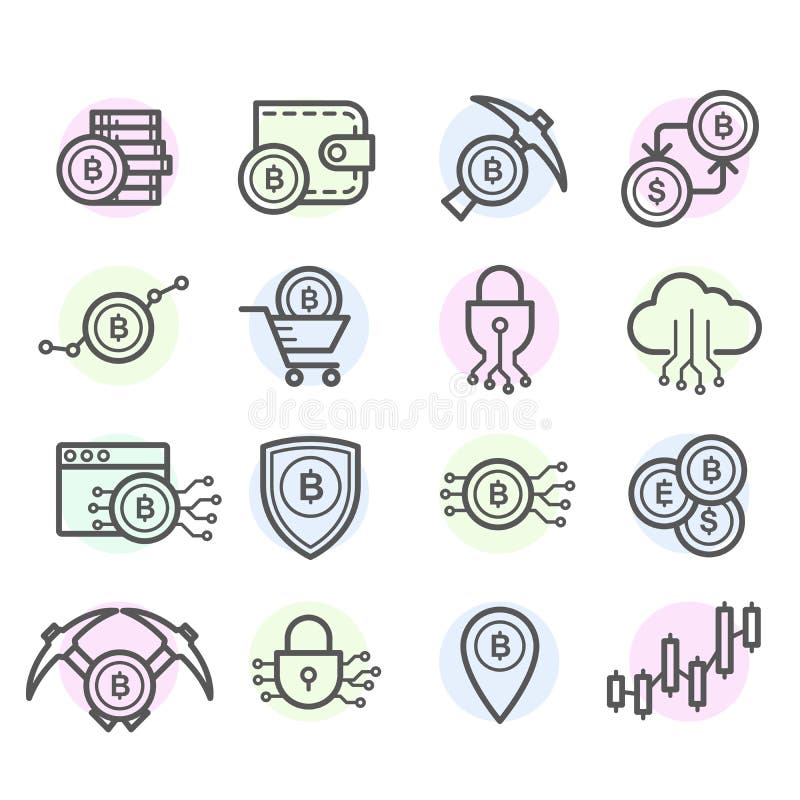 Bitcoin bryta och cryptocurrencysymboler - mynt, hacka, guld, pengar, utbyte vektor illustrationer