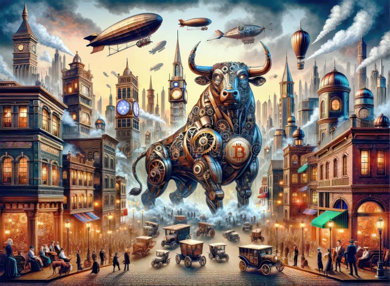 Bitcoin Bull Run Bull Portrait in Titan Steampunk Thema mit btc Symbol Finanzmarktkonzept digitale Währung Konzept vektor abbildung