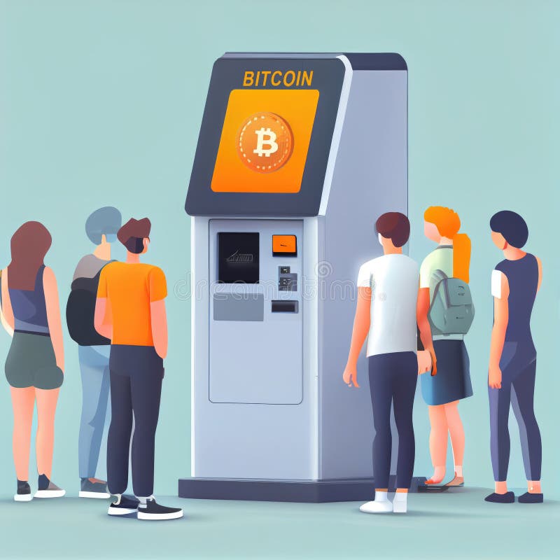 Bitcoin coin ATM with group of people standing, bitcoin Crypto logo.