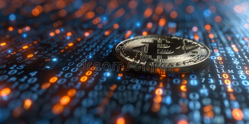 Bitcoin coin on a digital binary code background, symbolizing cryptocurrency, blockchain data stock photos